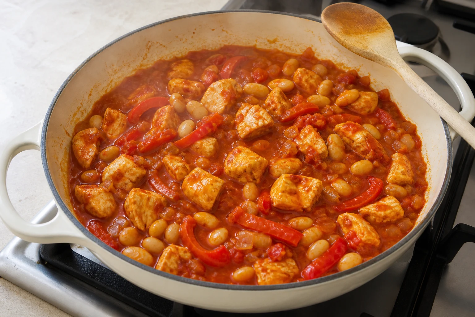 Chicken pieces, butter beans and red pepper simmering in a smoky tomato sauce