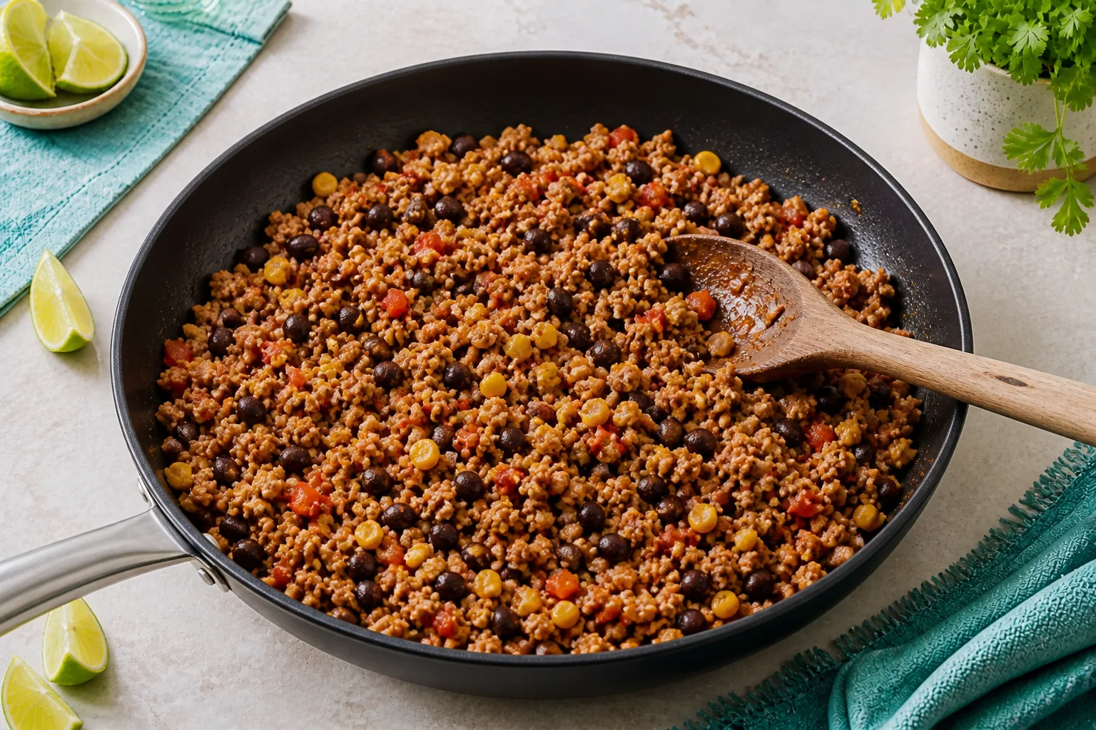 Cooked turkey taco filling with black beans, sweetcorn, pepper and spices in a frying pan