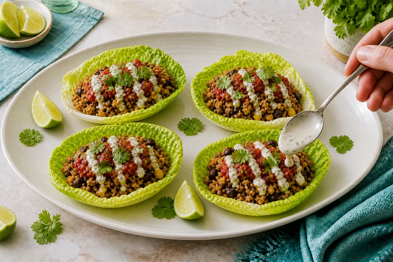 Exactly four turkey taco lettuce cups being finished with lime yoghurt