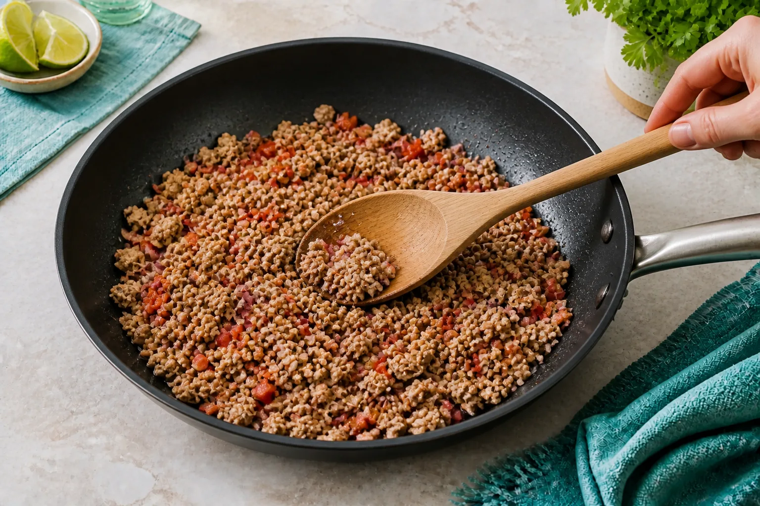 Lean turkey mince browning with diced red pepper and onion in a black frying pan