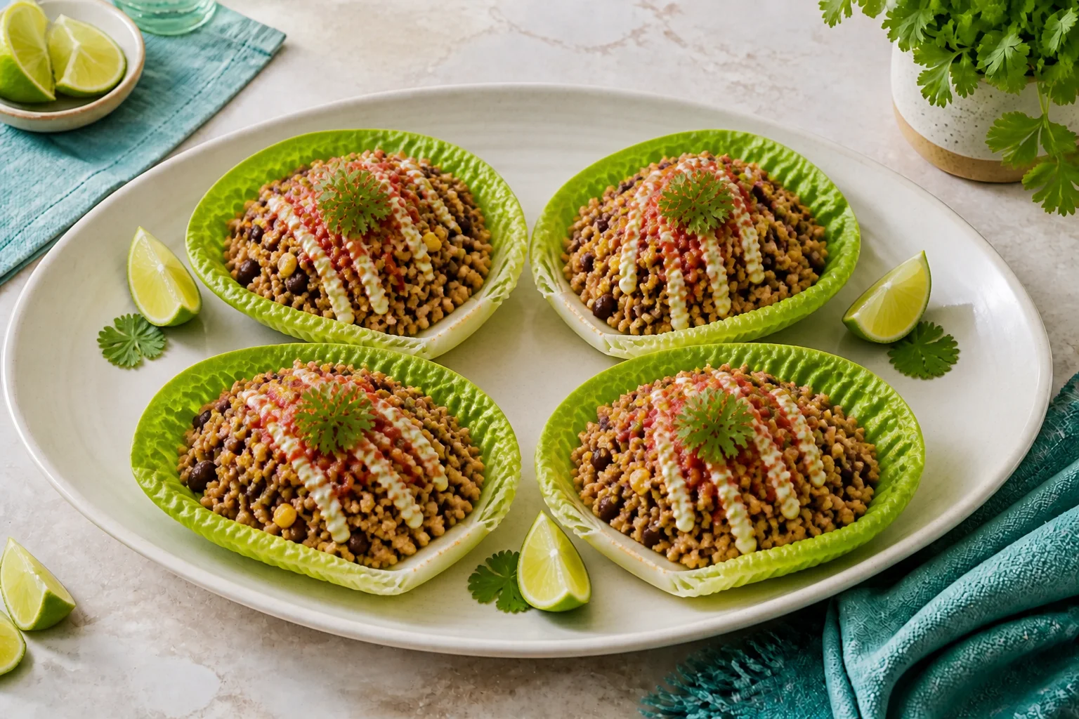 Four turkey taco lettuce cups with black beans, sweetcorn, salsa and lime yoghurt