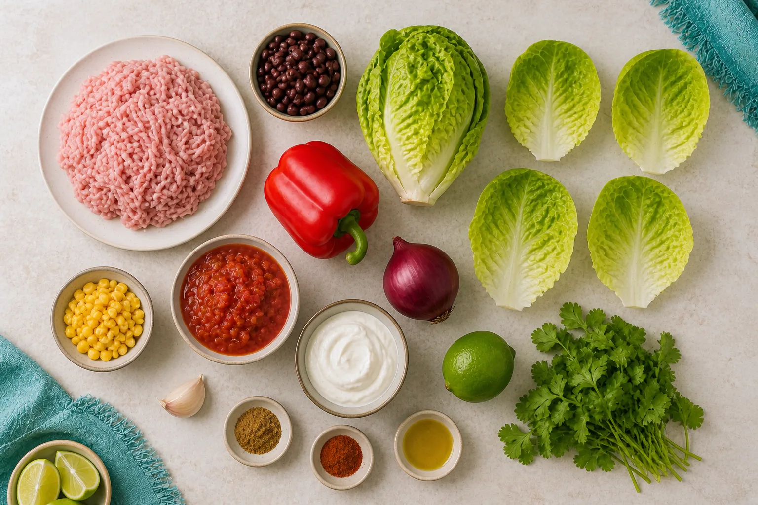 Turkey mince, black beans, lettuce, pepper, sweetcorn, salsa, yoghurt, lime and spices arranged on a pale worktop