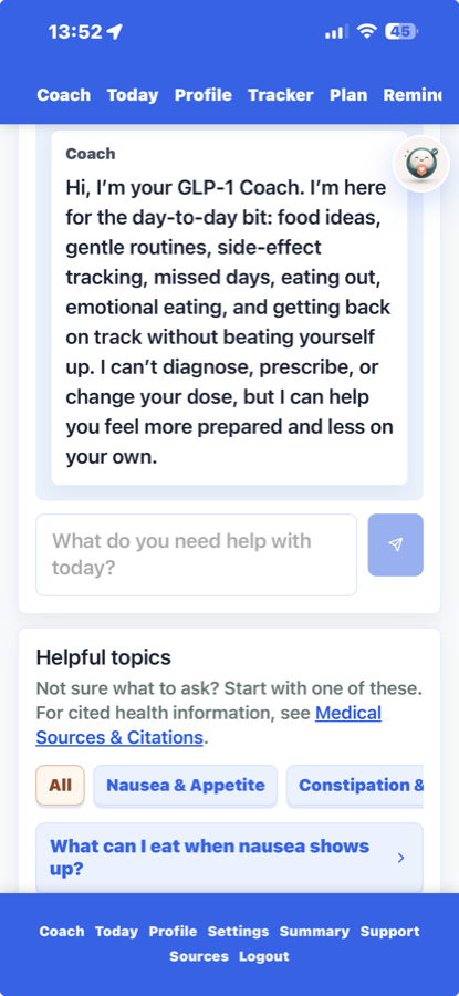 OurGLP1 Coach screen with cited health information