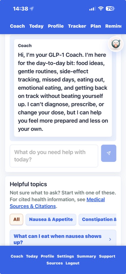 OurGLP1 Coach chat screen