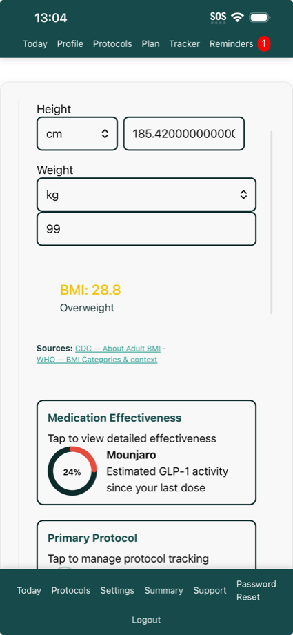 OurGLP1 today and profile screen